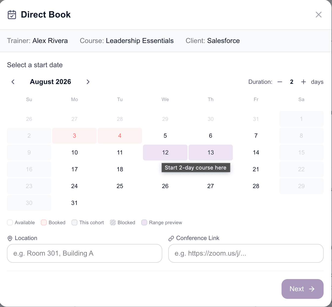 TryTami direct-book flow showing trainer availability calendar inside the proposal workflow