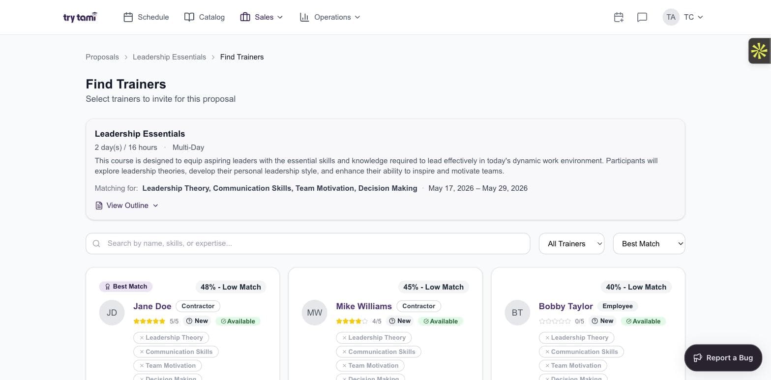 TryTami AI instructor matching used by ops for fast reschedules, surfacing trainer shortlist by score