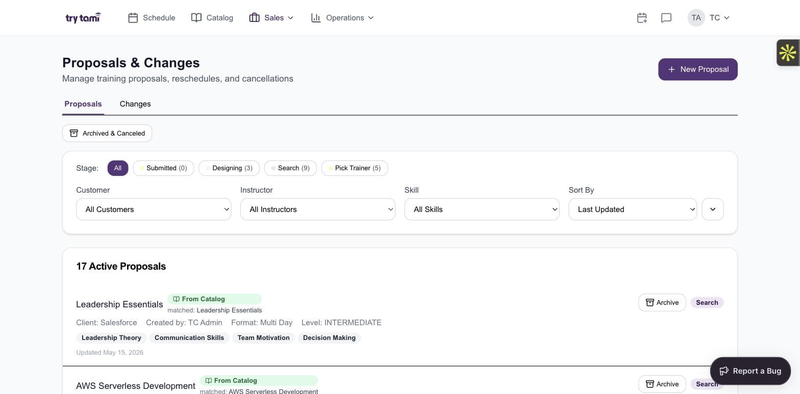 TryTami proposals pipeline showing stage-based deal cards for AEs and account managers