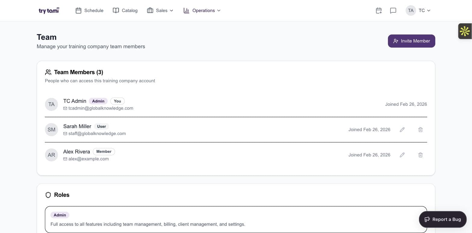 TryTami team management view showing role-based access for admins, users, and members
