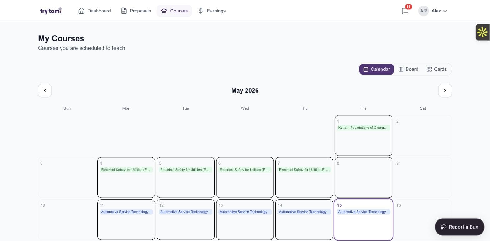TryTami trainer portal courses calendar showing booked deliveries
