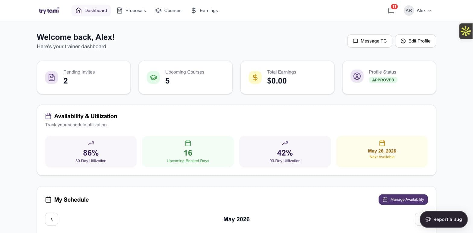 TryTami trainer dashboard with pending invites, utilization, and upcoming courses