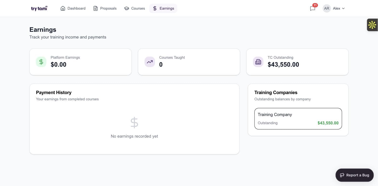 TryTami trainer portal earnings view with payment history and outstanding balances