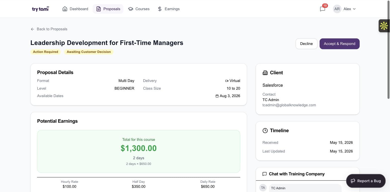 TryTami trainer portal proposal detail with course outline, earnings, and client info