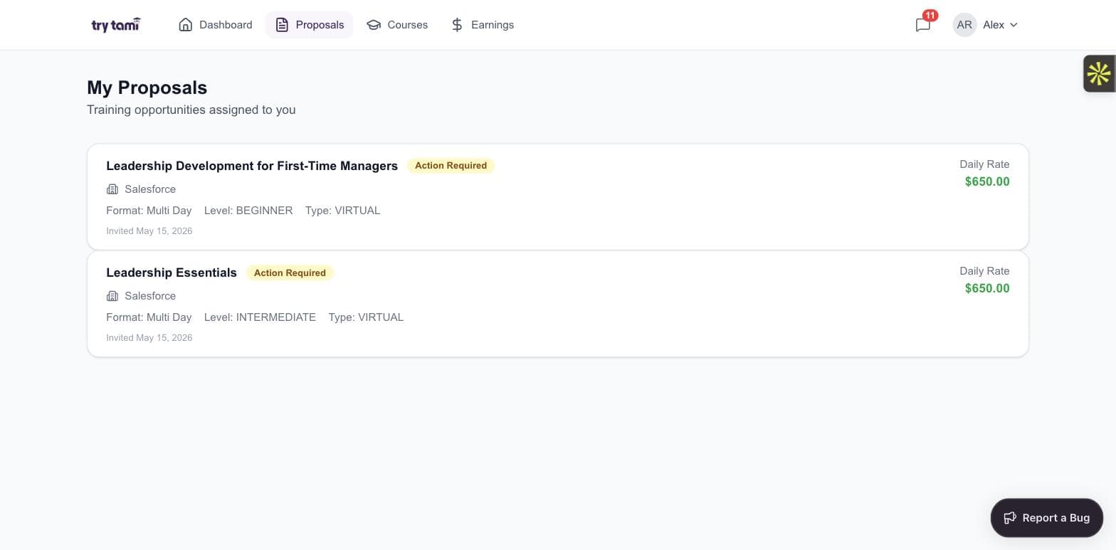TryTami trainer portal proposals list showing invited courses with daily rates