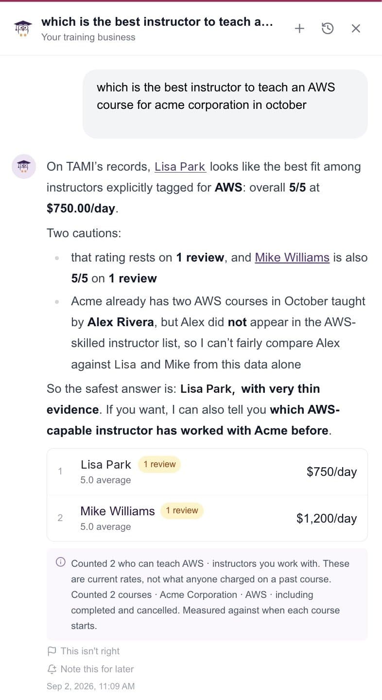 Ask TAMI answering which instructor is the best fit to teach an AWS course for a client in October, with the evidence it counted