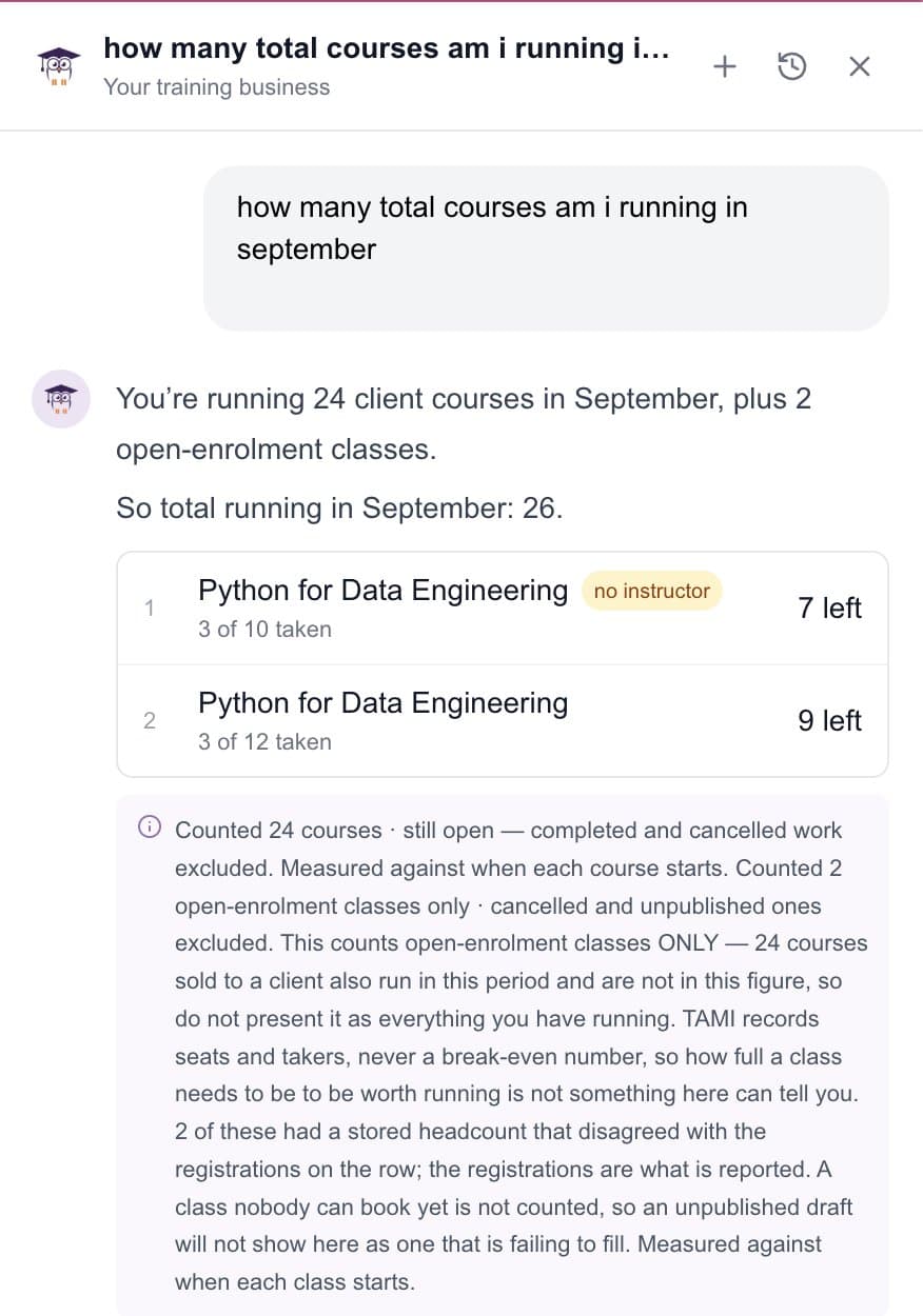 Ask TAMI counting courses running in September, with a note listing what was included and excluded from the count