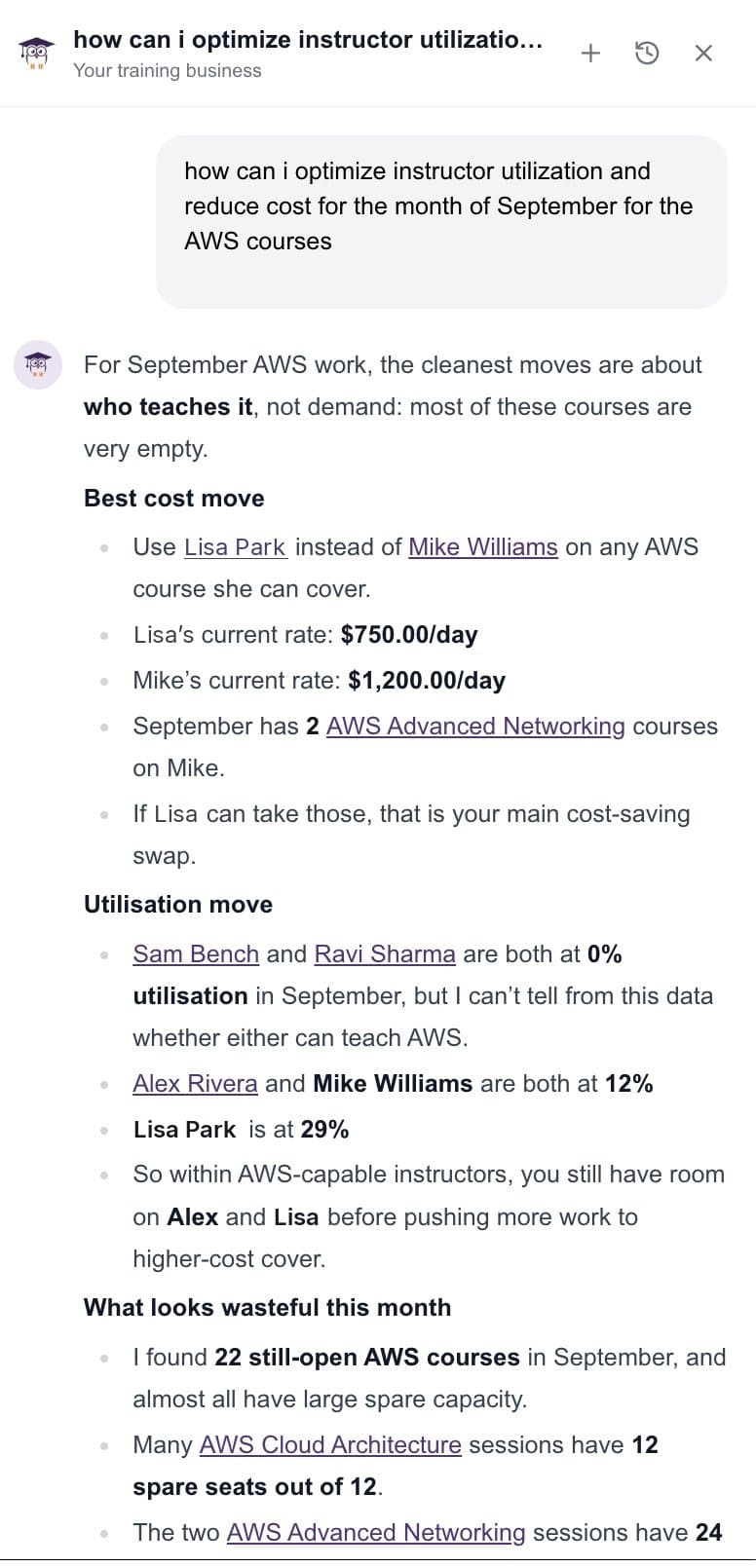 Ask TAMI recommending instructor swaps on AWS courses to reduce cost and improve utilization for the month