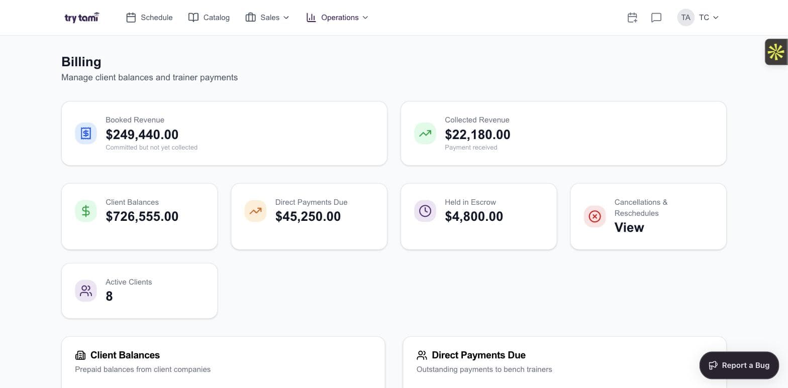 TryTami billing dashboard showing booked revenue, collected revenue, client balances, and trainer payments