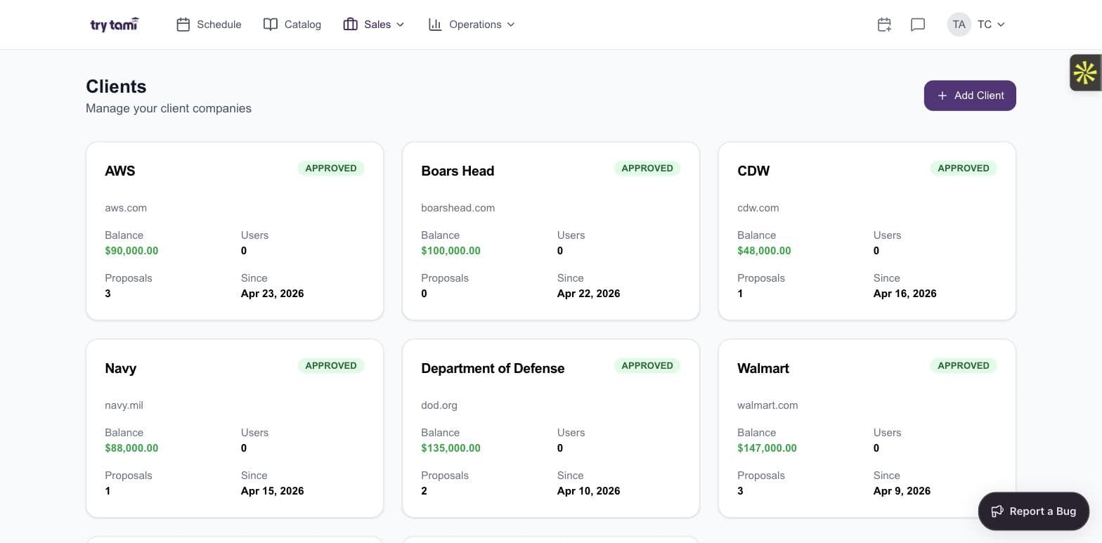 TryTami clients view showing client cards with balances, users, proposals, and status