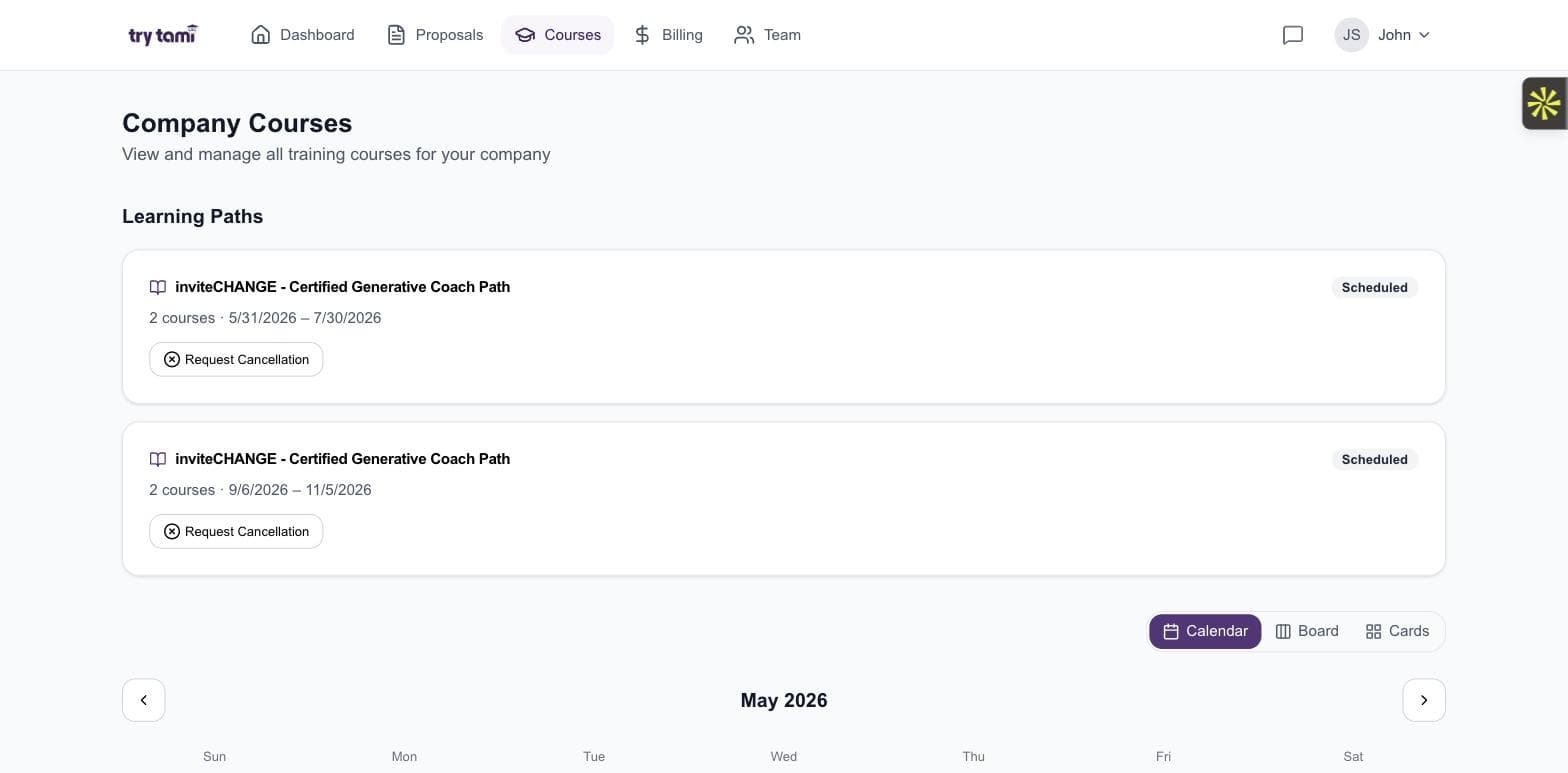TryTami customer portal courses view with learning paths and calendar