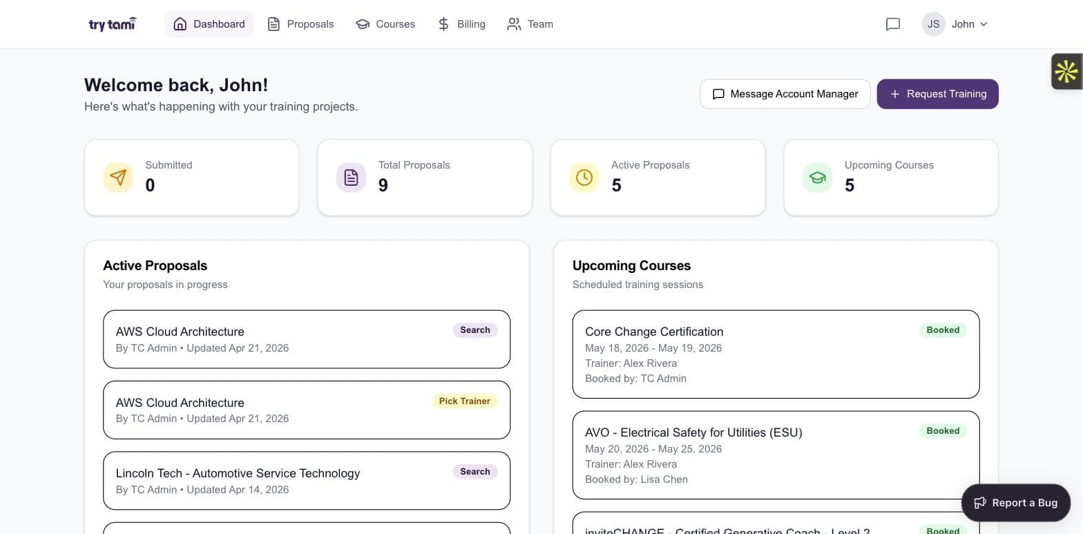 TryTami customer portal dashboard with active proposals and upcoming courses
