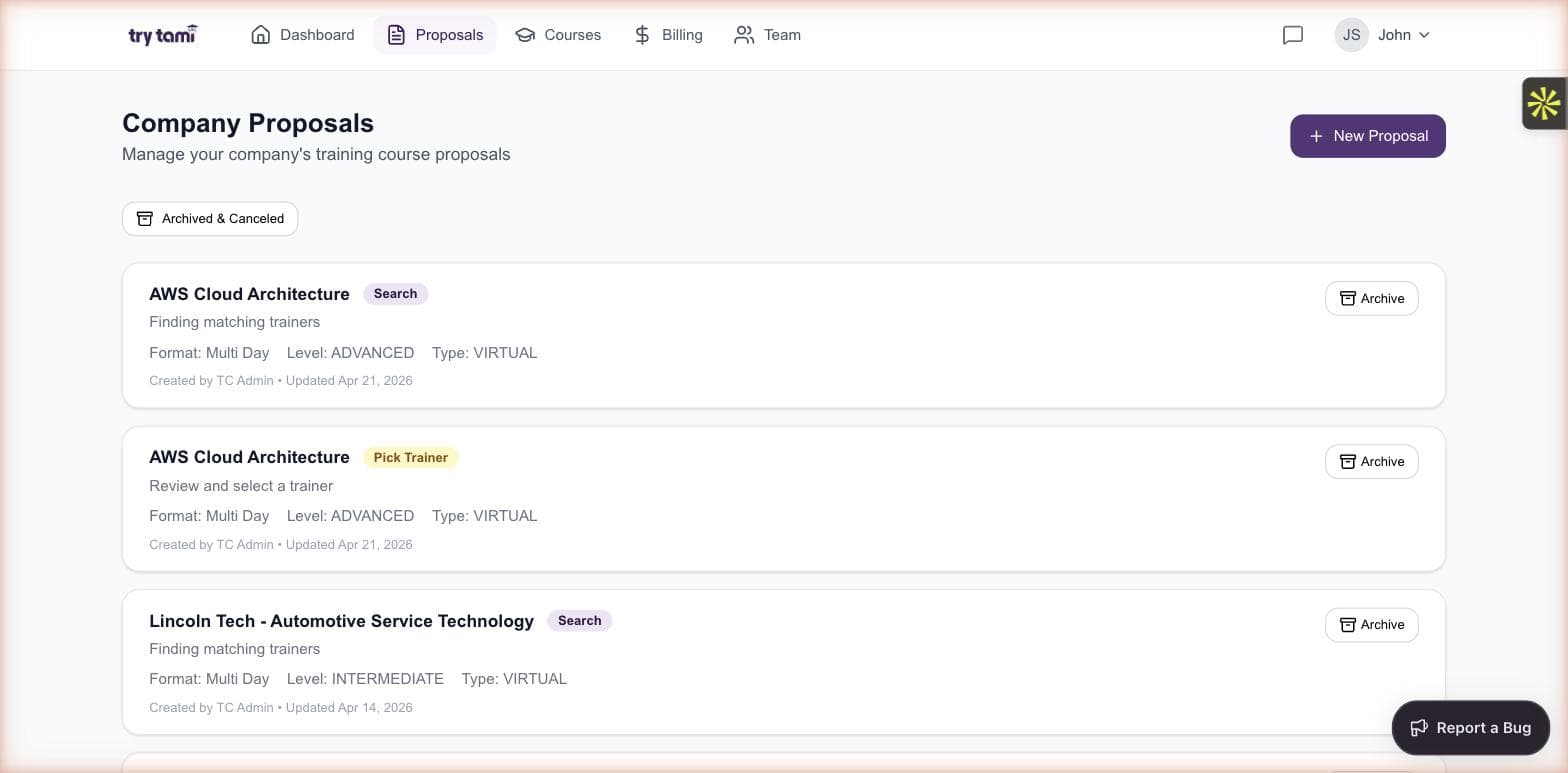 TryTami customer portal proposals view showing active proposals by stage