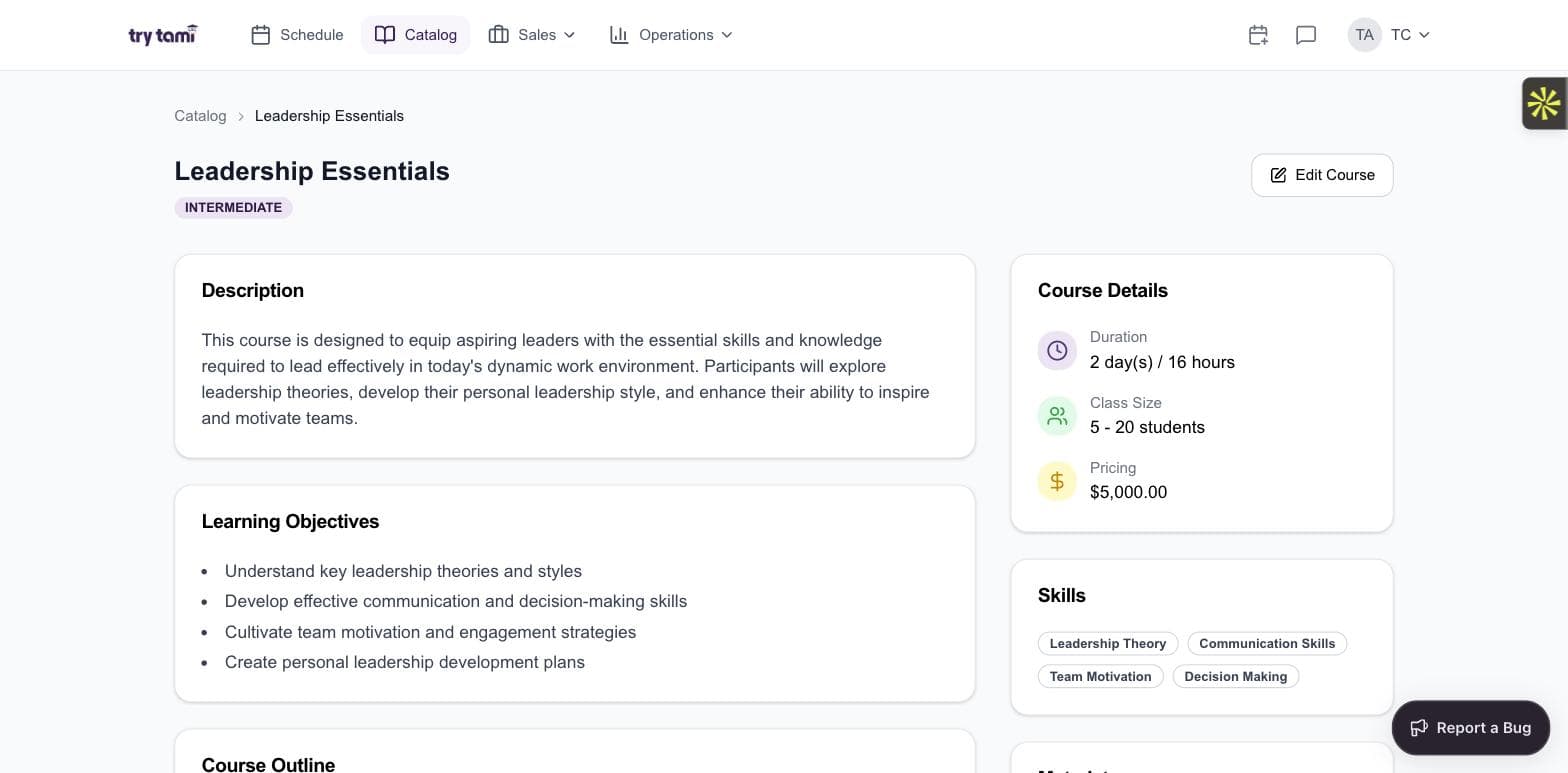 TryTami course detail page showing description, learning objectives, skills, and pricing
