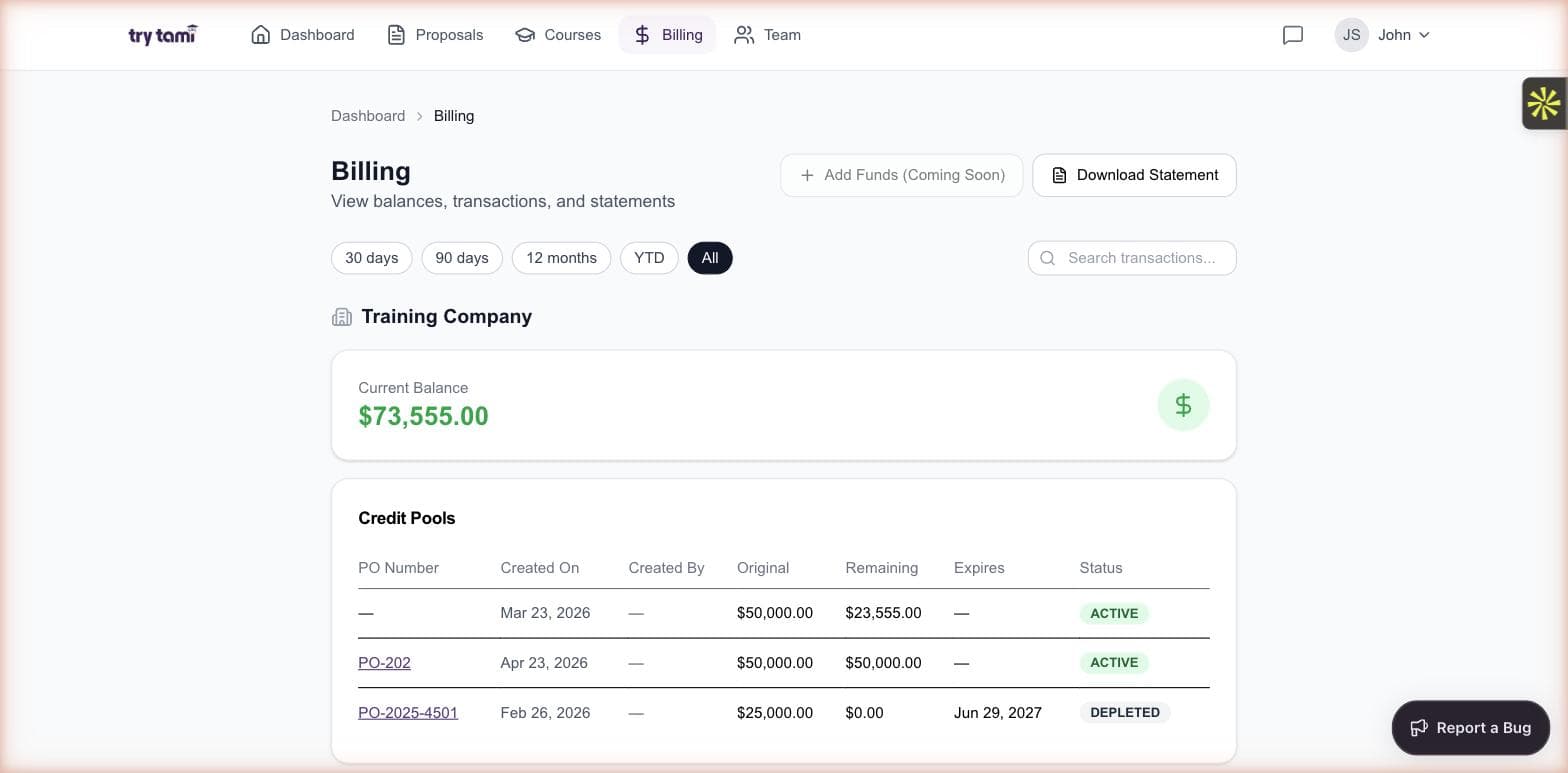 TryTami customer portal billing view with credit pools and statements