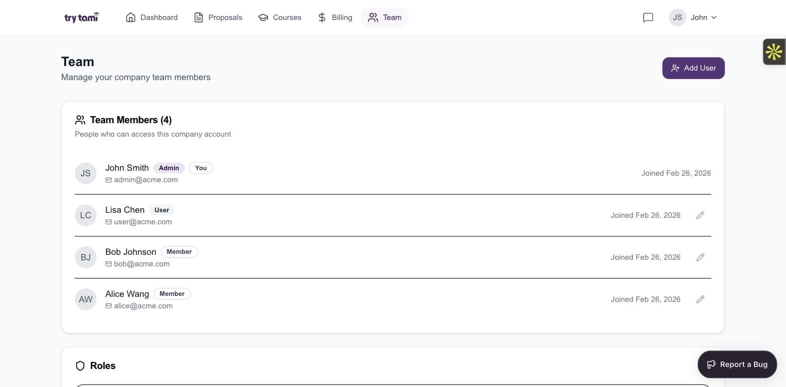 TryTami customer portal team management view with role-based access