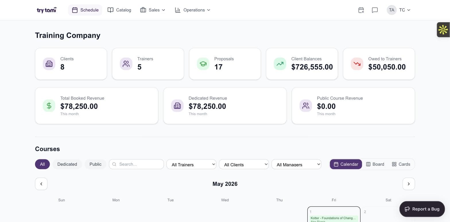 TryTami training schedule dashboard showing upcoming courses, instructors, and revenue