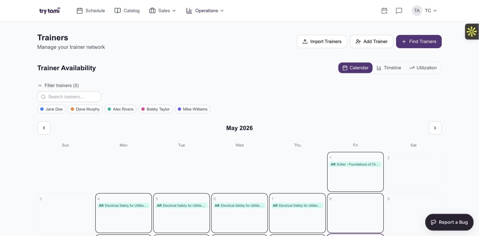 TryTami trainer availability calendar showing utilization views